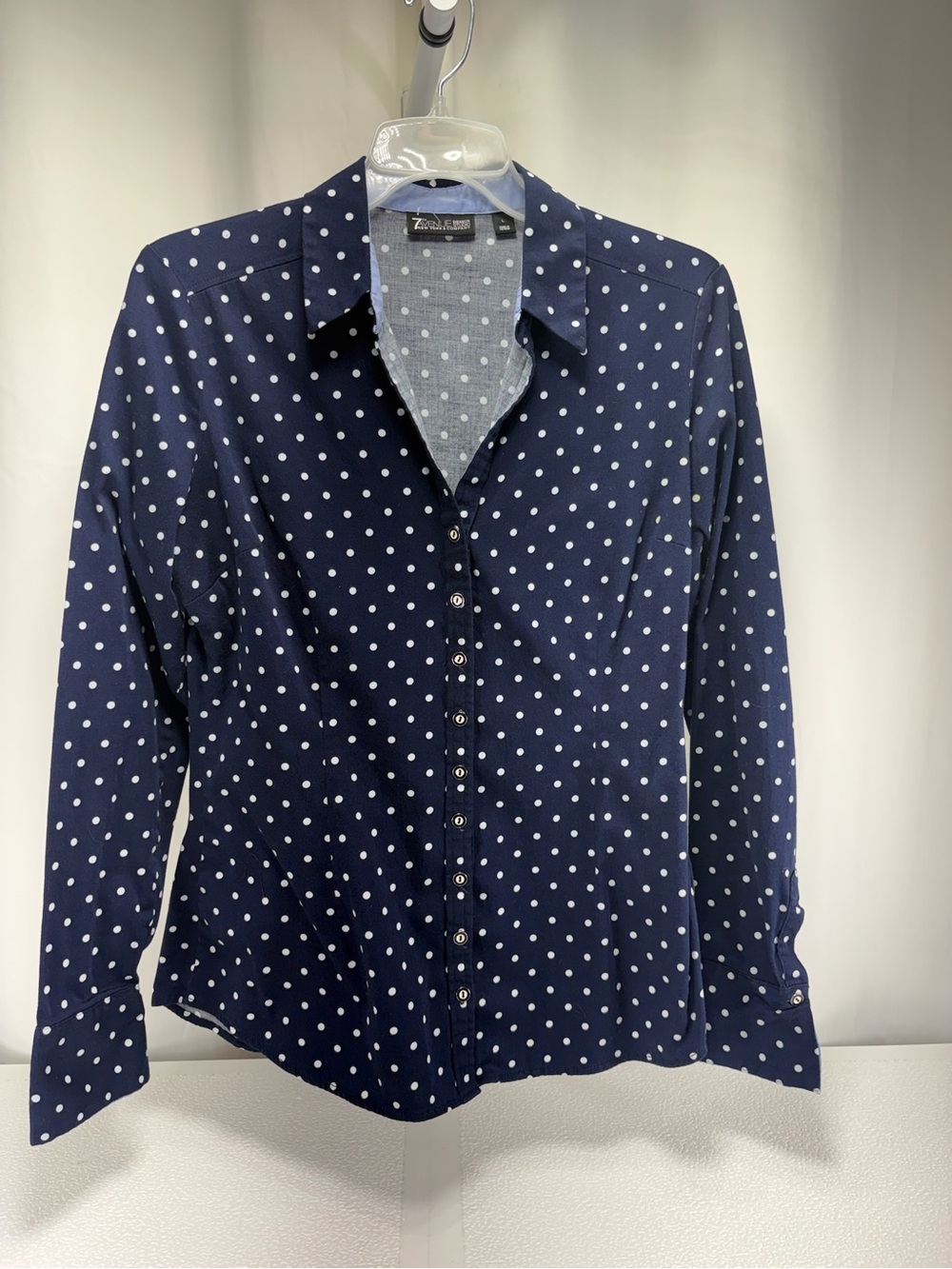 New York & Company Navy and White Polka Dot Button-Down Shirt 4755
